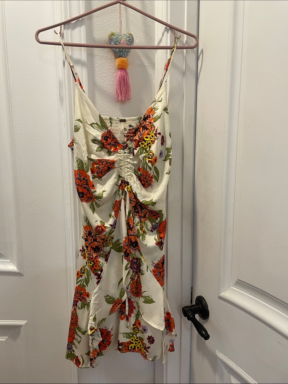 Free people reversable Floral Ruched Front Slip Dress - Cream with Orange Floral